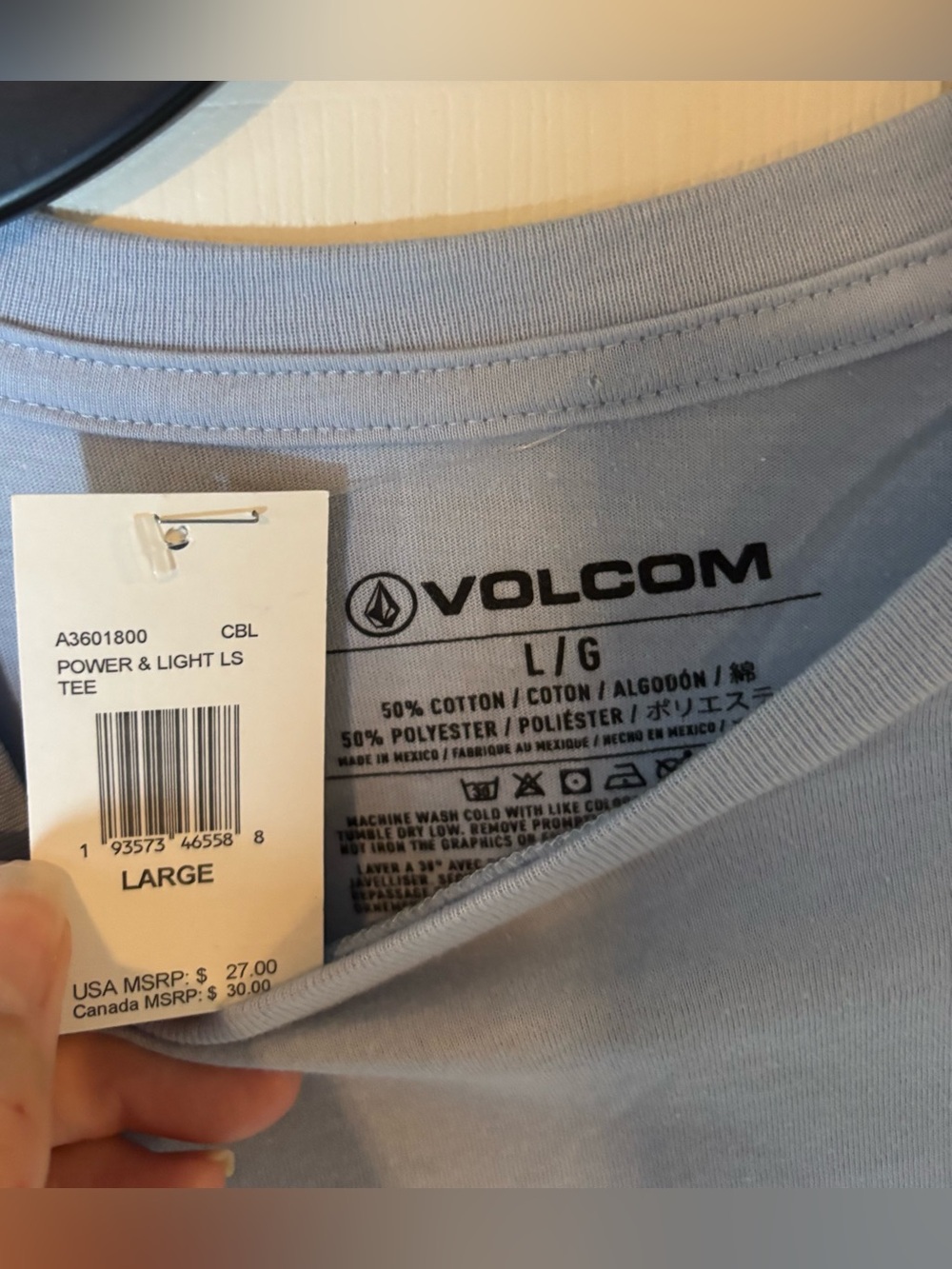 Men’s Long Sleeve Volcom T-Shirt Lt Blue SZ L NWT - Picture 3 of 4